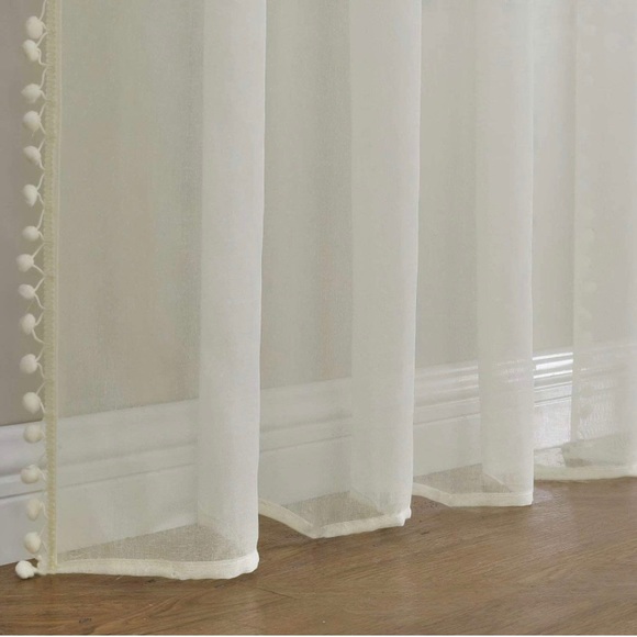 NWT Sheer Ivory curtain panels with pom pom trim - set of 2 - Picture 5 of 13